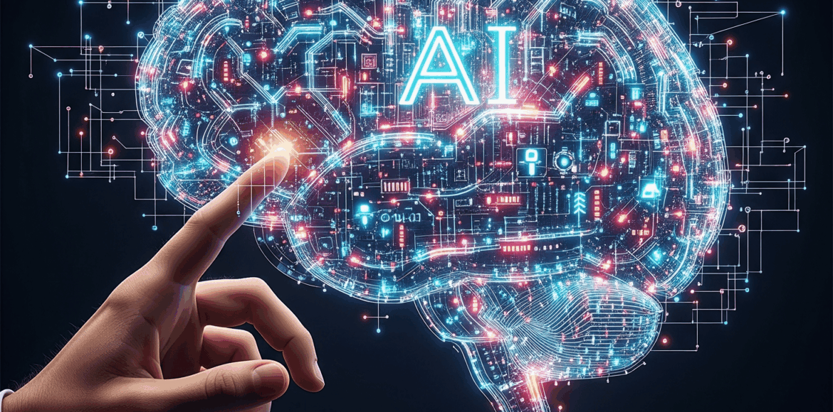 la ia para atender a los clientes Cerebro con circuitos y luces de IA con una mano humana interactuando, simbolizando la inteligencia artificial transformando la atención al cliente y la innovación tecnológica.