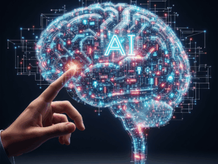 Cerebro con circuitos y luces de IA con una mano humana interactuando, simbolizando la inteligencia artificial transformando la atención al cliente y la innovación tecnológica.