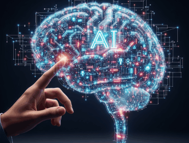 Cerebro con circuitos y luces de IA con una mano humana interactuando, simbolizando la inteligencia artificial transformando la atención al cliente y la innovación tecnológica.