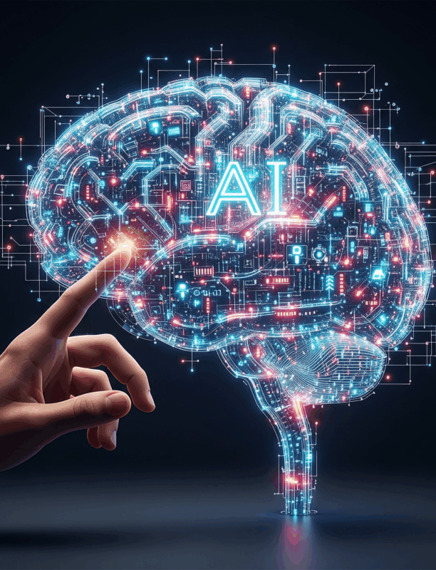 Cerebro con circuitos y luces de IA con una mano humana interactuando, simbolizando la inteligencia artificial transformando la atención al cliente y la innovación tecnológica.